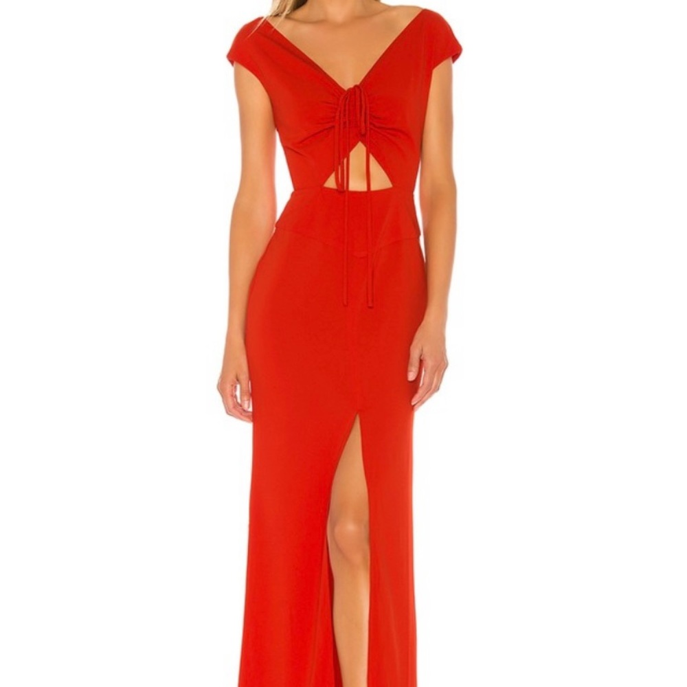 CAMILA GOWN IN FLAME SCARLET.